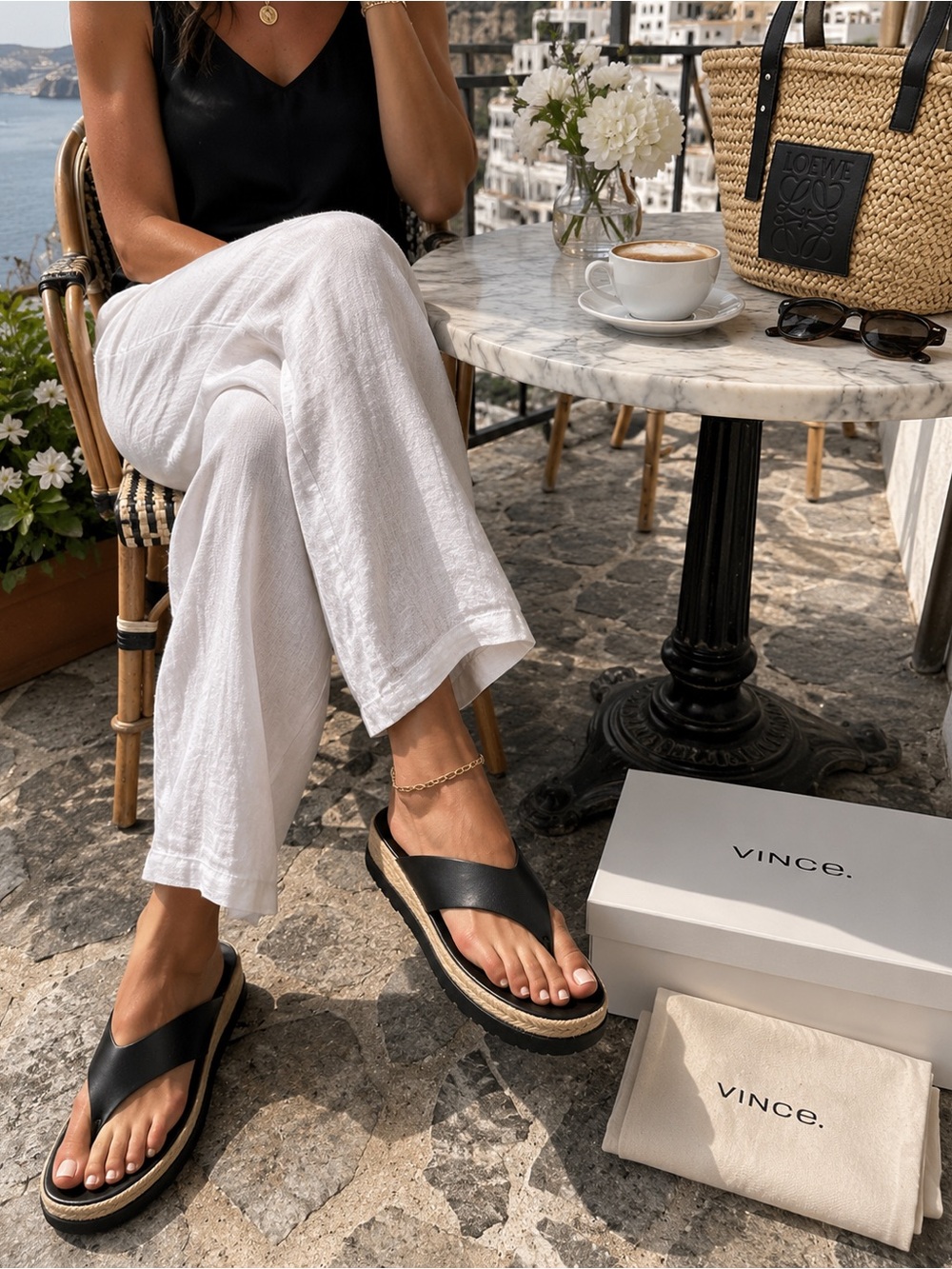 NIB Vince Fatima Black Leather Platform Thong Sandals Sz 9 Box Dust Bag